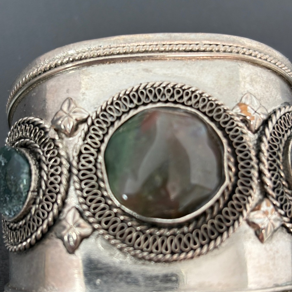 Unbranded Women Cuff Bracelet OS Silver Green‎ Moss Agate Filigree Vintage Style - Picture 4 of 13